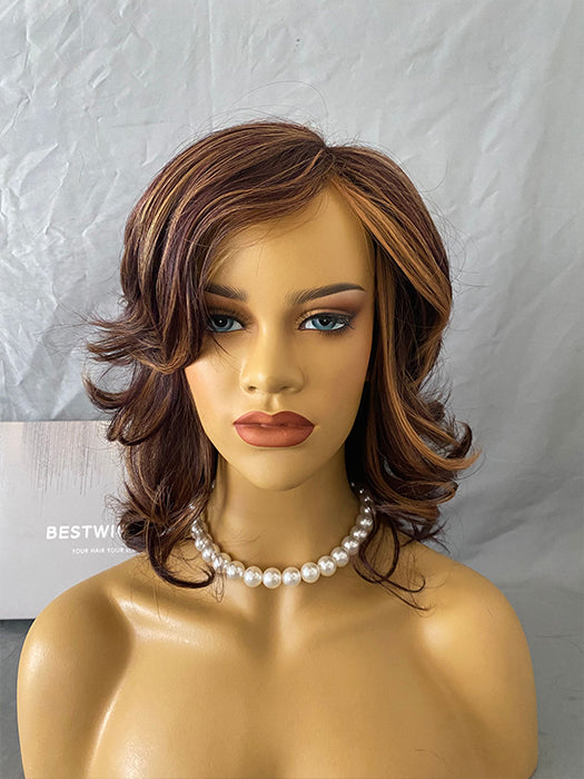 Long(16 Inches) Layered Wave Bangs Mixed Brown Synthetic Wigs(Buy 1 Get 1 Free)