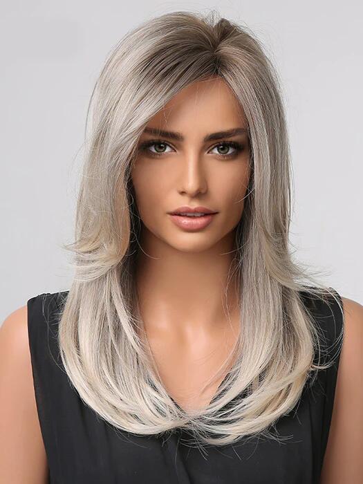 Medium Length Straight Silver Gray Side Bangs Synthetic Wigs