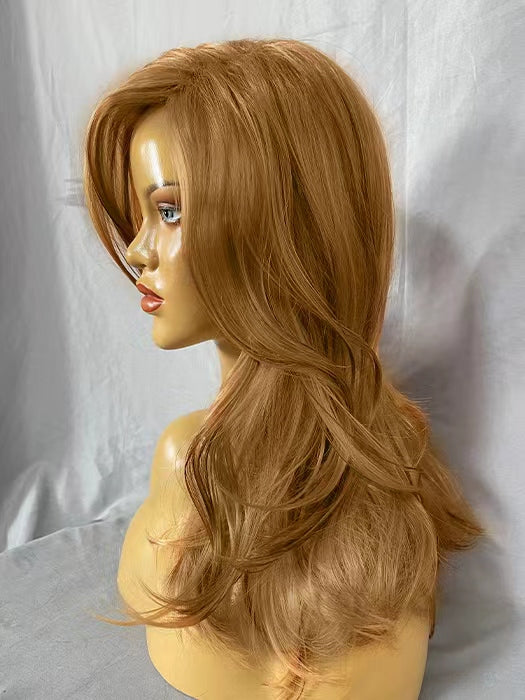 Long Length Wavy Golden Brown Synthetic Wigs With Side Bangs