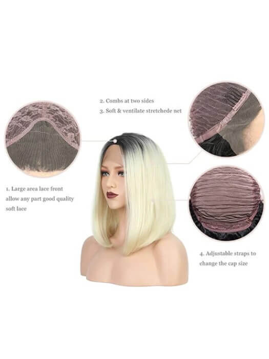 Medium Bob Wigs Straight Lace Front Synthetic Wigs With Roots