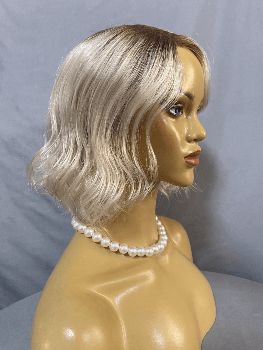Modern Chin Length 11'' Blonde Layered Wavy Lace Front  Synthetic Wigs With Roots(Mono Part)