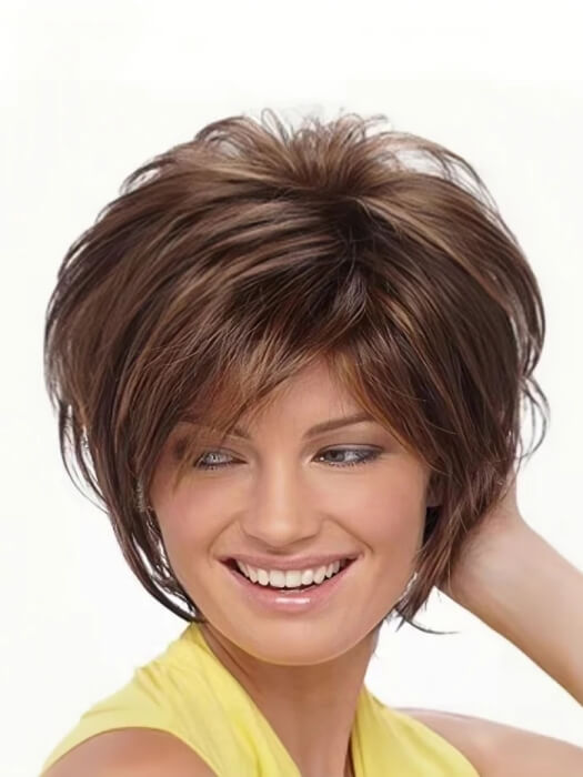 Short Cut  Layered Brown Synthetic Wigs With Highlights(Buy 1 Get 1 Free)