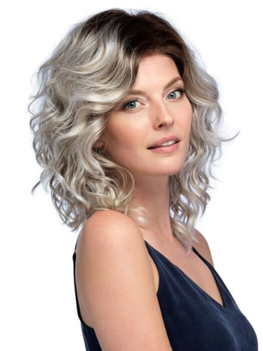 Sublime Middle Length Curly Silver Blonde Mono Part Synthetic Wigs