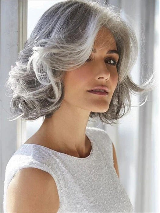Middle Length Curly Bob Mixed Gray Synthetic Wigs(Buy 1 Get 1 Free)