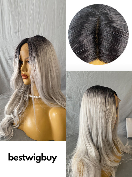 T Part Long Length Salt And Pepper Gray Wavy Lace Front Synthetic Wigs