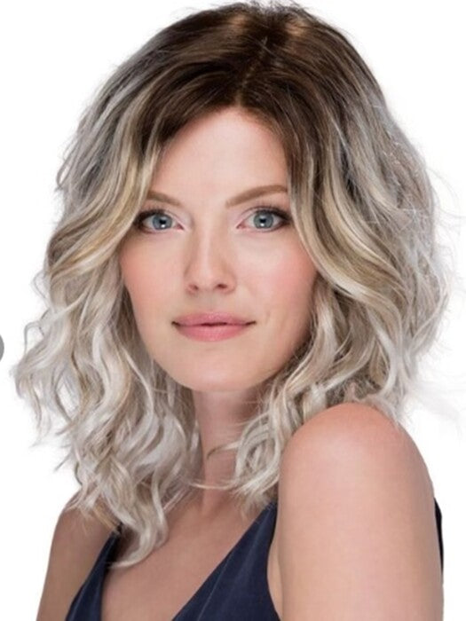 Sublime Middle Length Curly Silver Blonde Mono Part Synthetic Wigs