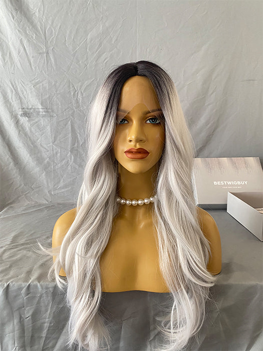 T Part Long Length Salt And Pepper Gray Wavy Lace Front Synthetic Wigs
