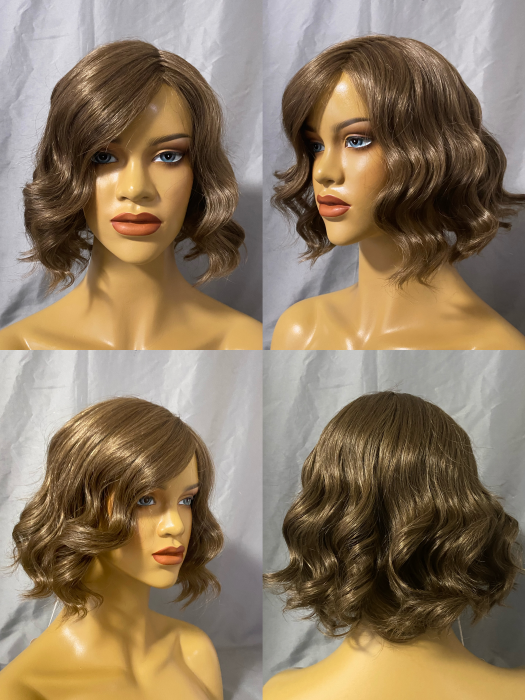 Clear Short Bob Wavy Curly Brown Synthetic Wigs(Mono Part)