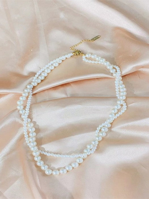 White Simulated Round Double Layer Pearl Necklace