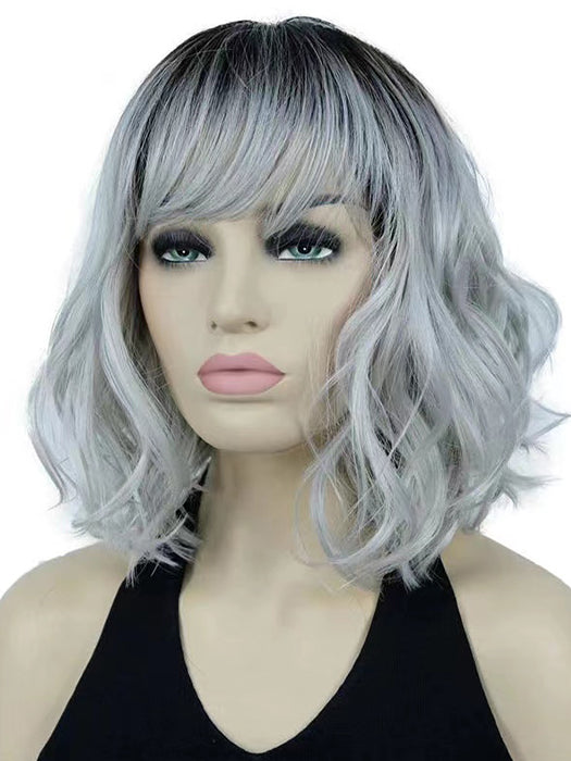 Newest Fashion Medium 13'' Wavy Blonde Mixed Brown Synthetic Wigs With Bangs