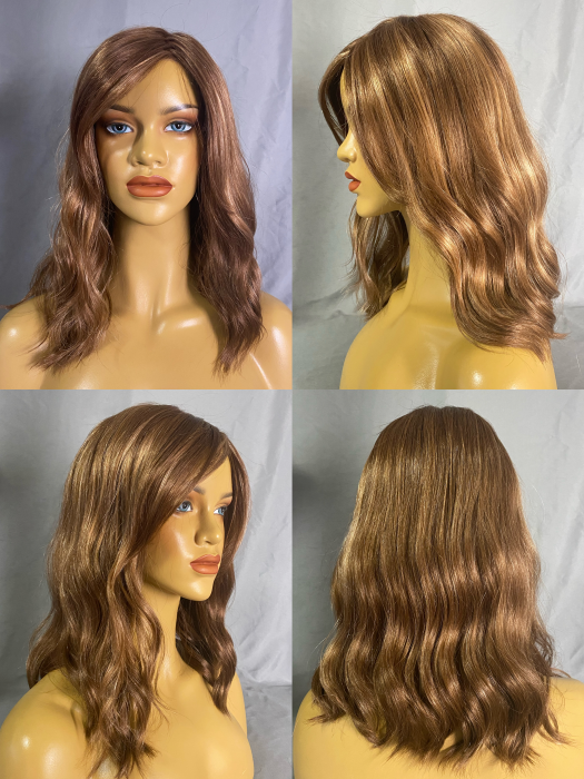 Smooth Long Body Wavy Brown Side-Parted Bangs Synthetic Wigs(Mono Part Wig)