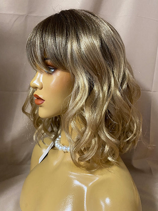 Newest Fashion Medium 13'' Wavy Blonde Mixed Brown Synthetic Wigs With Bangs